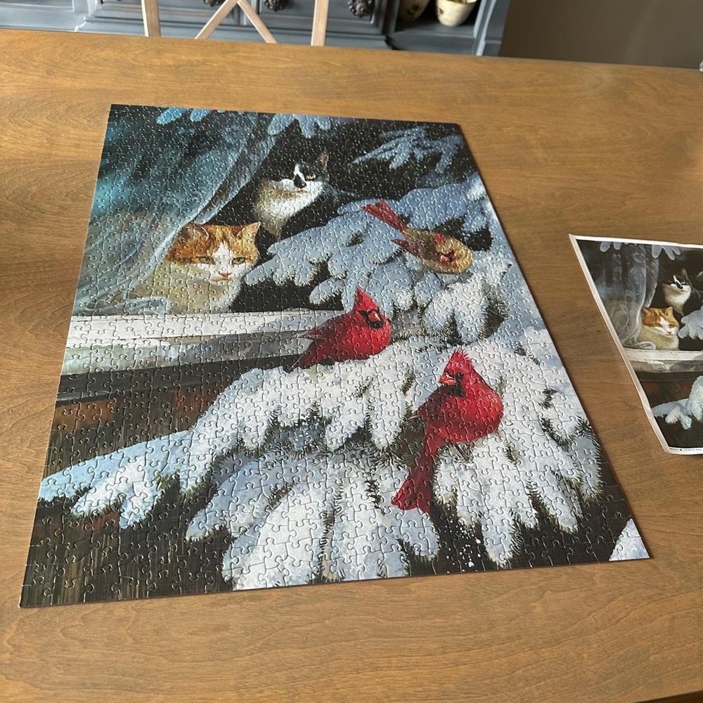 Cobble Hill Winter Scene Puzzle with Cardinals and Cats